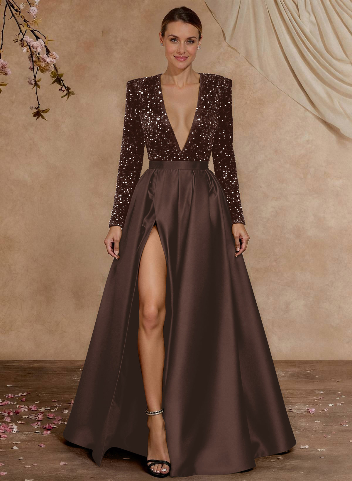 A-Line V-Neck Long Sleeves Floor-Length Satin Velvet Sequin Mother Of The Bride Dresses