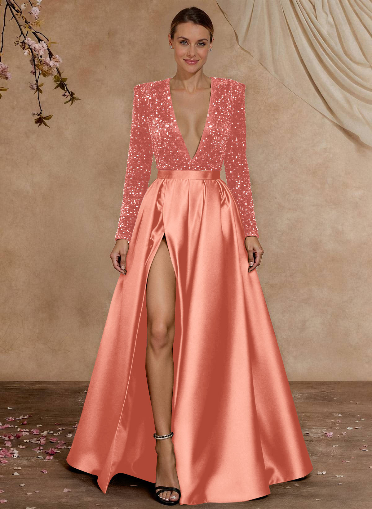 A-Line V-Neck Long Sleeves Floor-Length Satin Velvet Sequin Mother Of The Bride Dresses