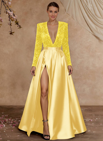 A-Line V-Neck Long Sleeves Floor-Length Satin Velvet Sequin Mother Of The Bride Dresses