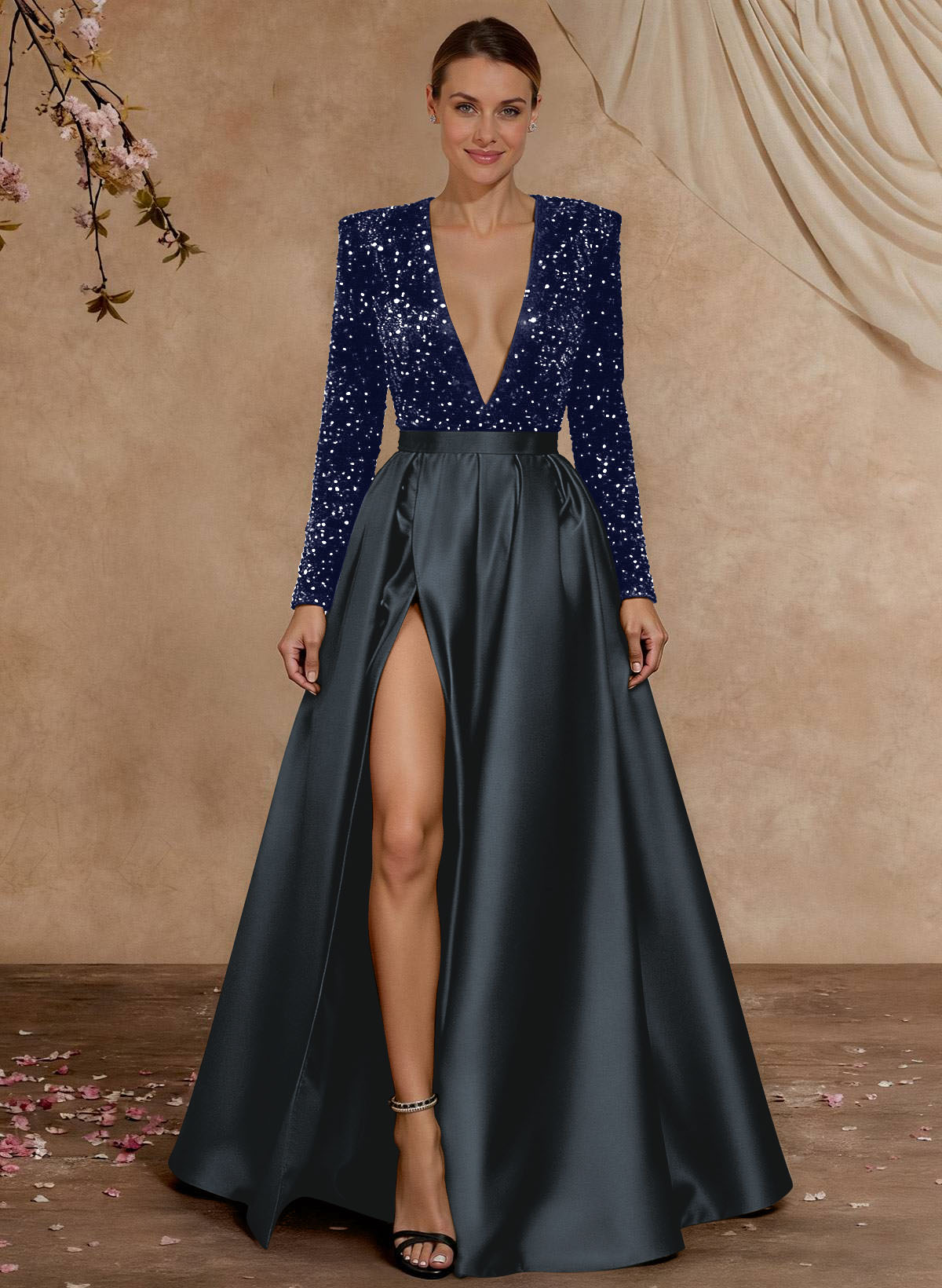 A-Line V-Neck Long Sleeves Floor-Length Satin Velvet Sequin Mother Of The Bride Dresses