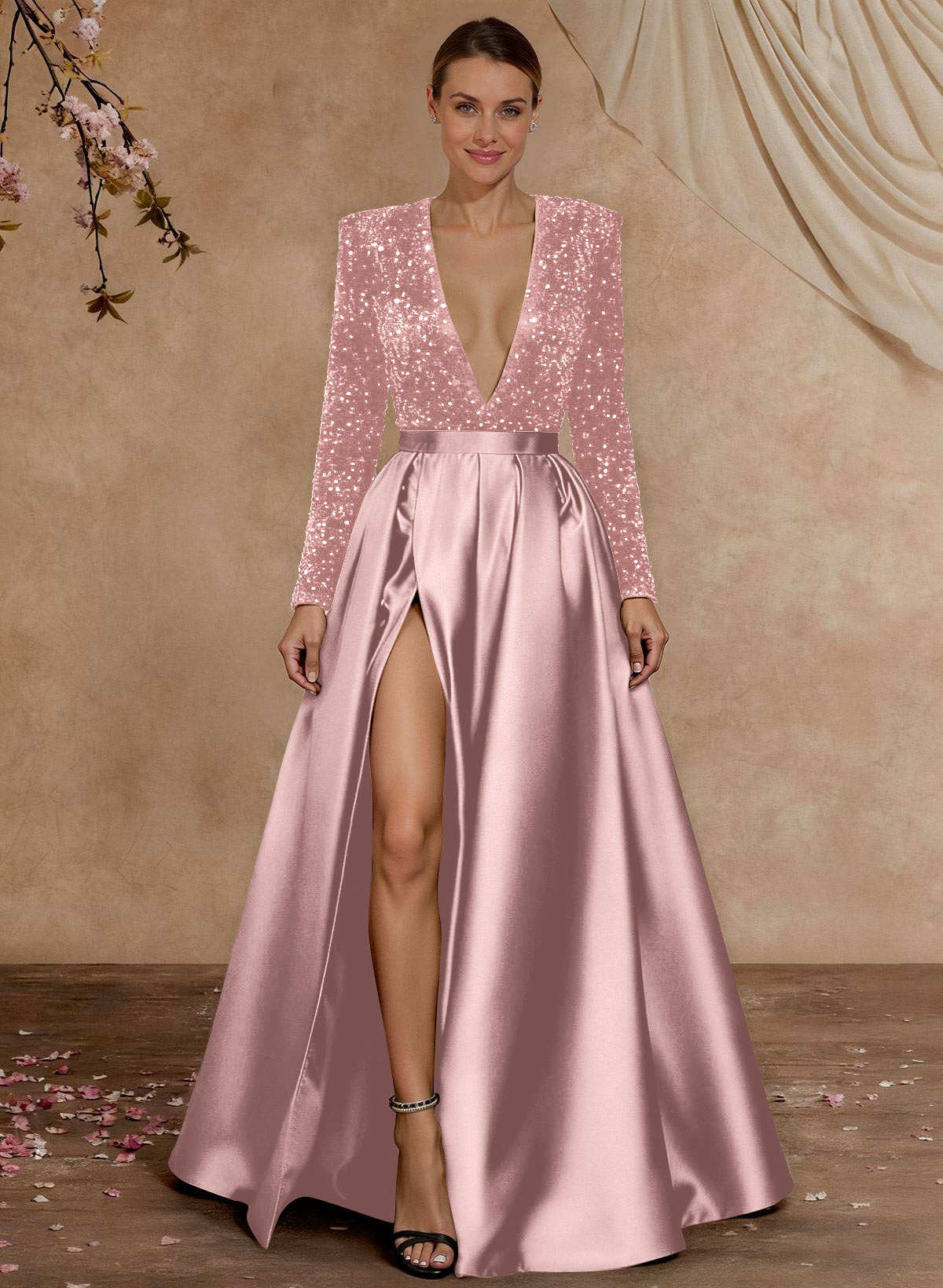 A-Line V-Neck Long Sleeves Floor-Length Satin Velvet Sequin Mother Of The Bride Dresses