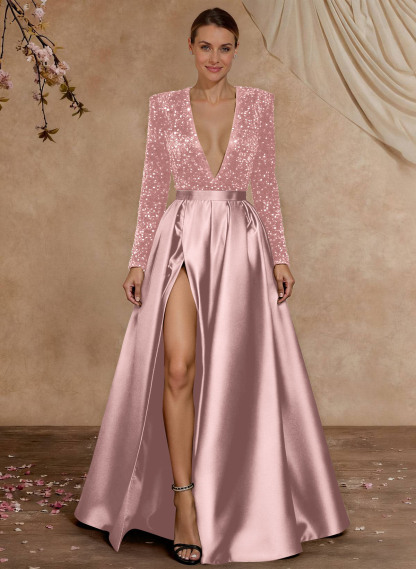 A-Line V-Neck Long Sleeves Floor-Length Satin Velvet Sequin Mother Of The Bride Dresses