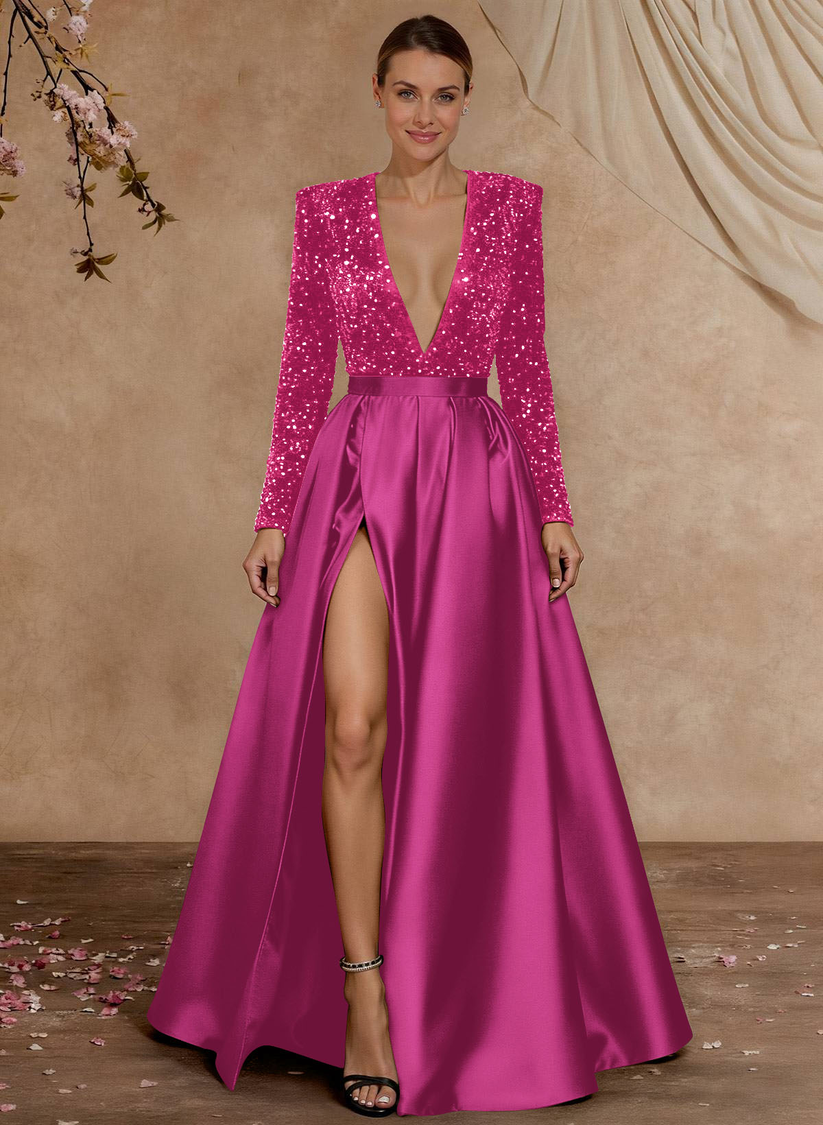 A-Line V-Neck Long Sleeves Floor-Length Satin Velvet Sequin Mother Of The Bride Dresses