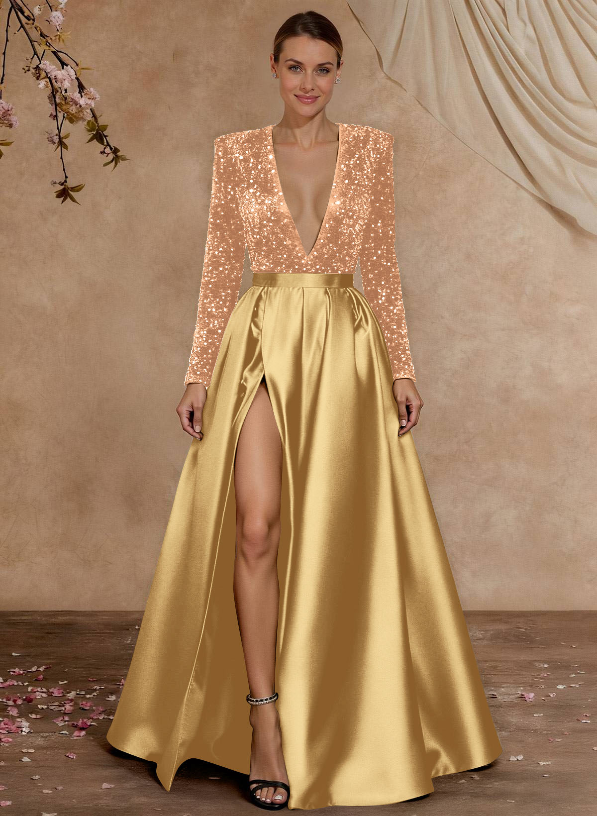 A-Line V-Neck Long Sleeves Floor-Length Satin Velvet Sequin Mother Of The Bride Dresses