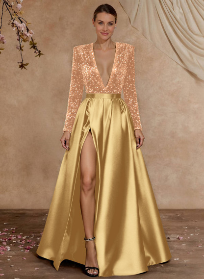 A-Line V-Neck Long Sleeves Floor-Length Satin Velvet Sequin Mother Of The Bride Dresses