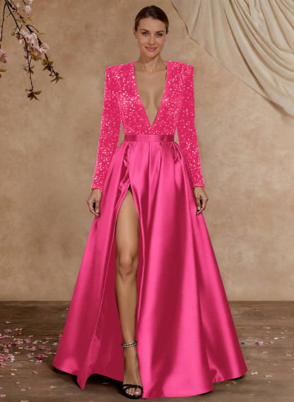 A-Line V-Neck Long Sleeves Floor-Length Satin Velvet Sequin Mother Of The Bride Dresses