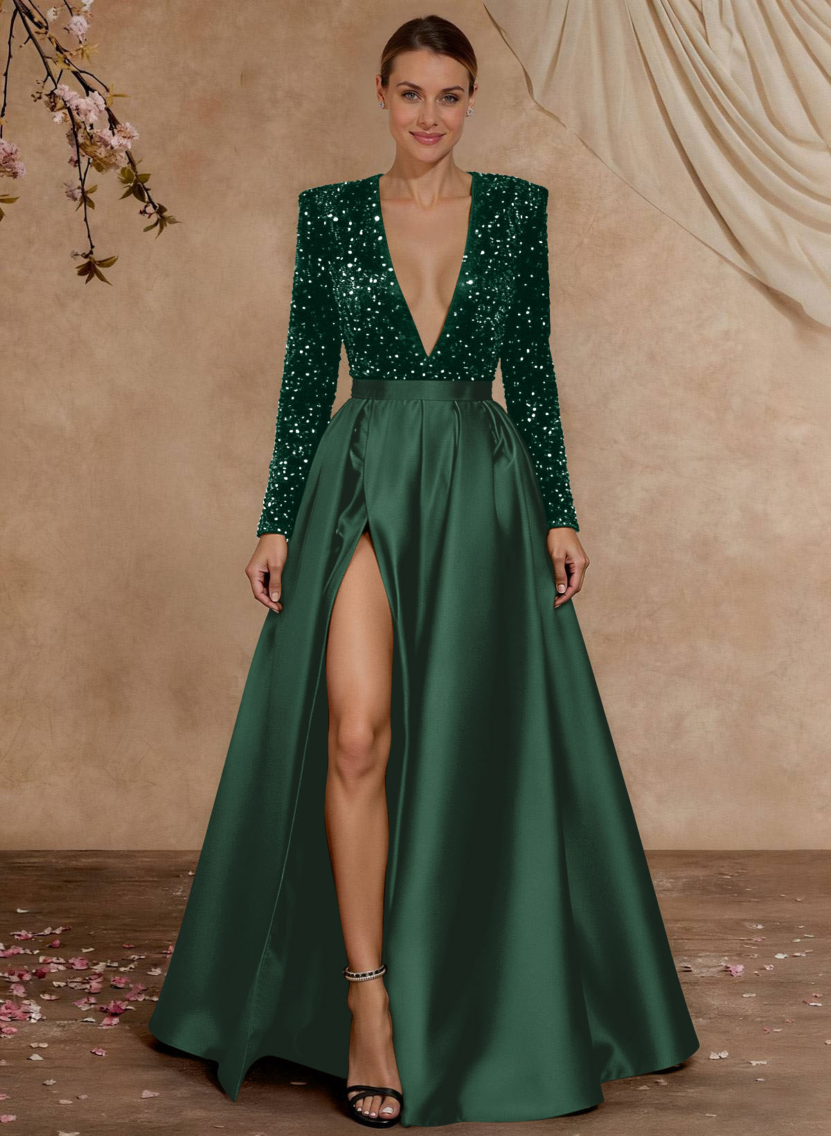 A-Line V-Neck Long Sleeves Floor-Length Satin Velvet Sequin Mother Of The Bride Dresses