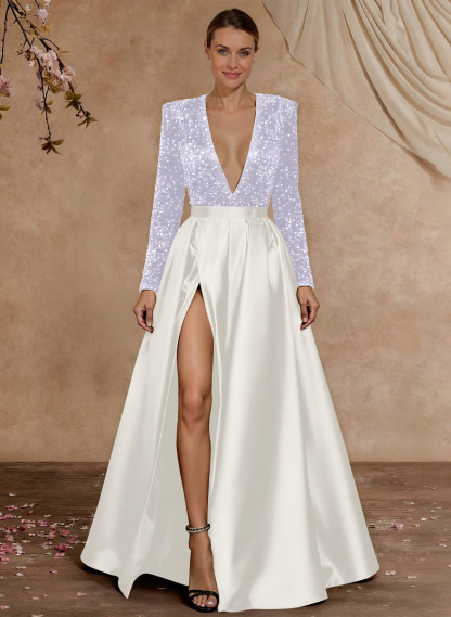 A-Line V-Neck Long Sleeves Floor-Length Satin Velvet Sequin Mother Of The Bride Dresses