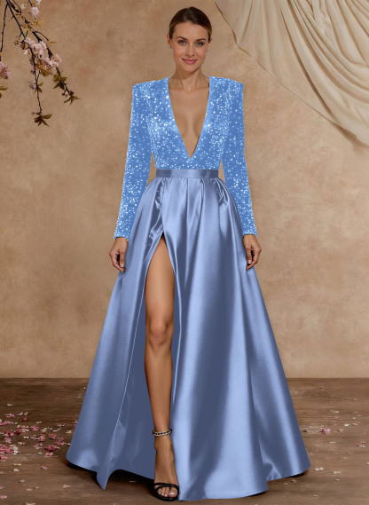 A-Line V-Neck Long Sleeves Floor-Length Satin Velvet Sequin Mother Of The Bride Dresses