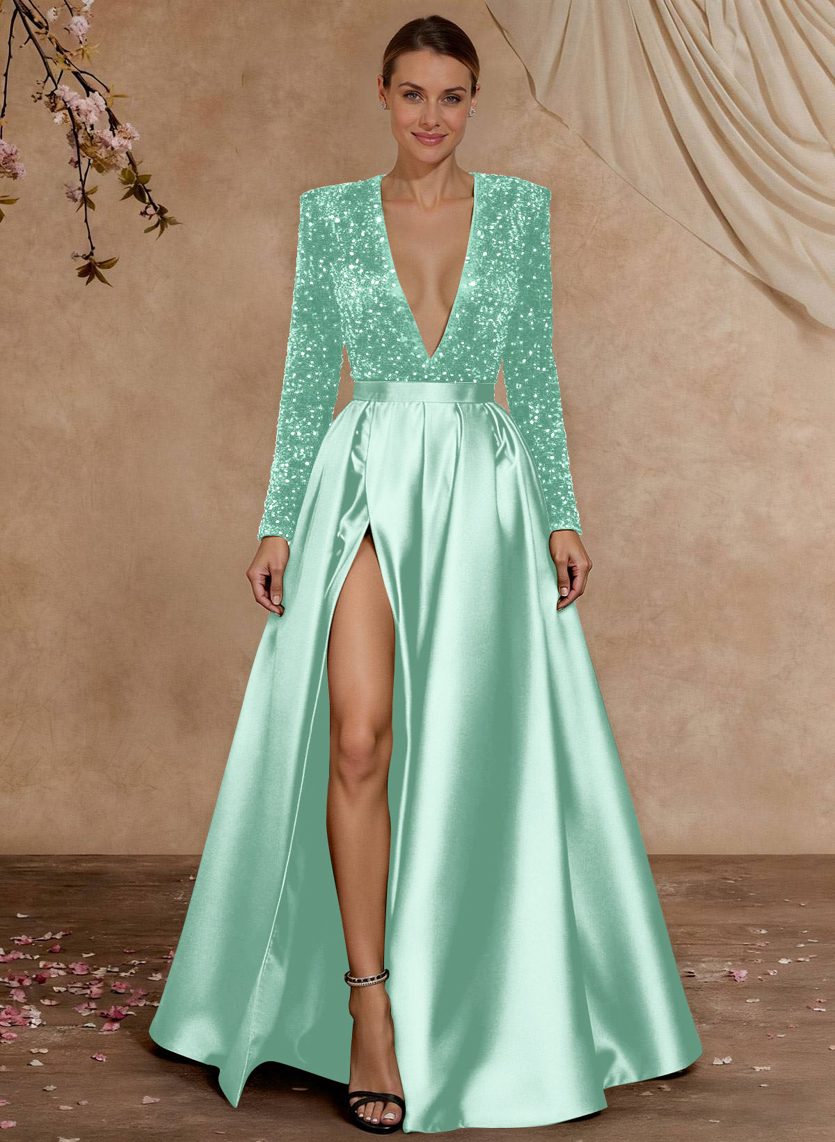 A-Line V-Neck Long Sleeves Floor-Length Satin Velvet Sequin Mother Of The Bride Dresses
