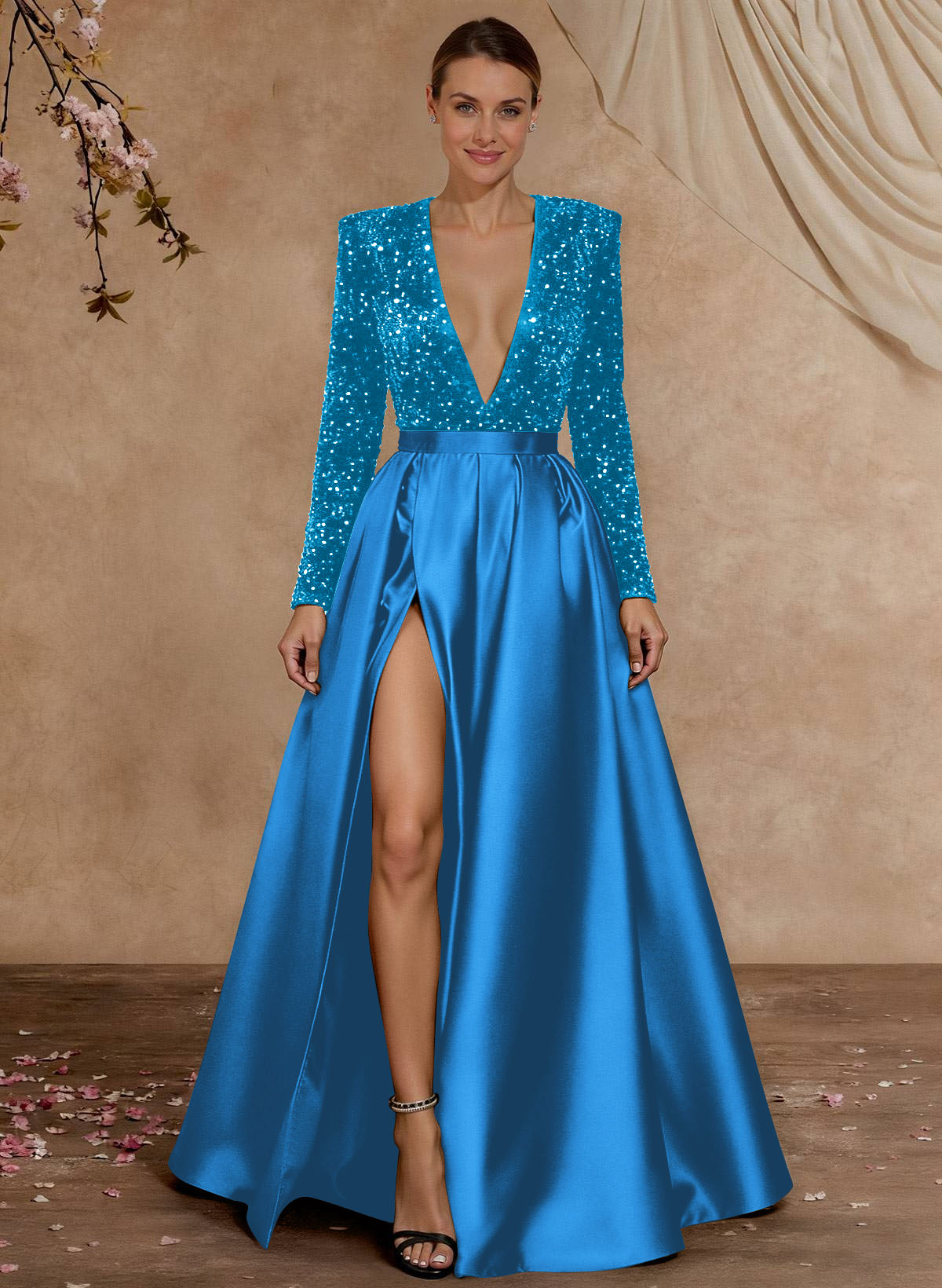 A-Line V-Neck Long Sleeves Floor-Length Satin Velvet Sequin Mother Of The Bride Dresses