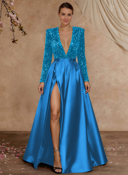 A-Line V-Neck Long Sleeves Floor-Length Satin Velvet Sequin Mother Of The Bride Dresses