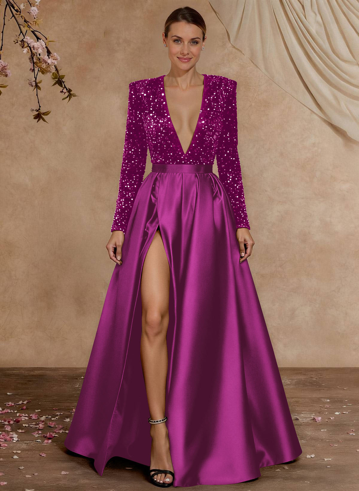 A-Line V-Neck Long Sleeves Floor-Length Satin Velvet Sequin Mother Of The Bride Dresses