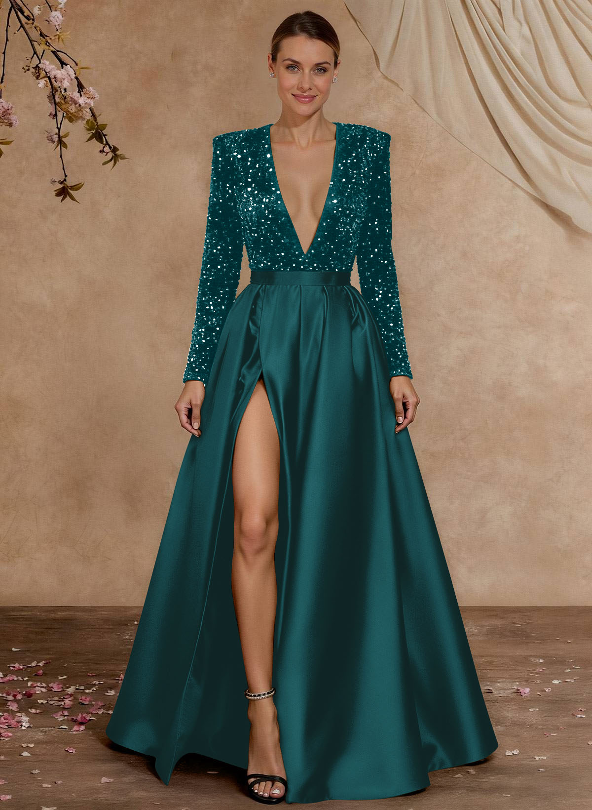 A-Line V-Neck Long Sleeves Floor-Length Satin Velvet Sequin Mother Of The Bride Dresses