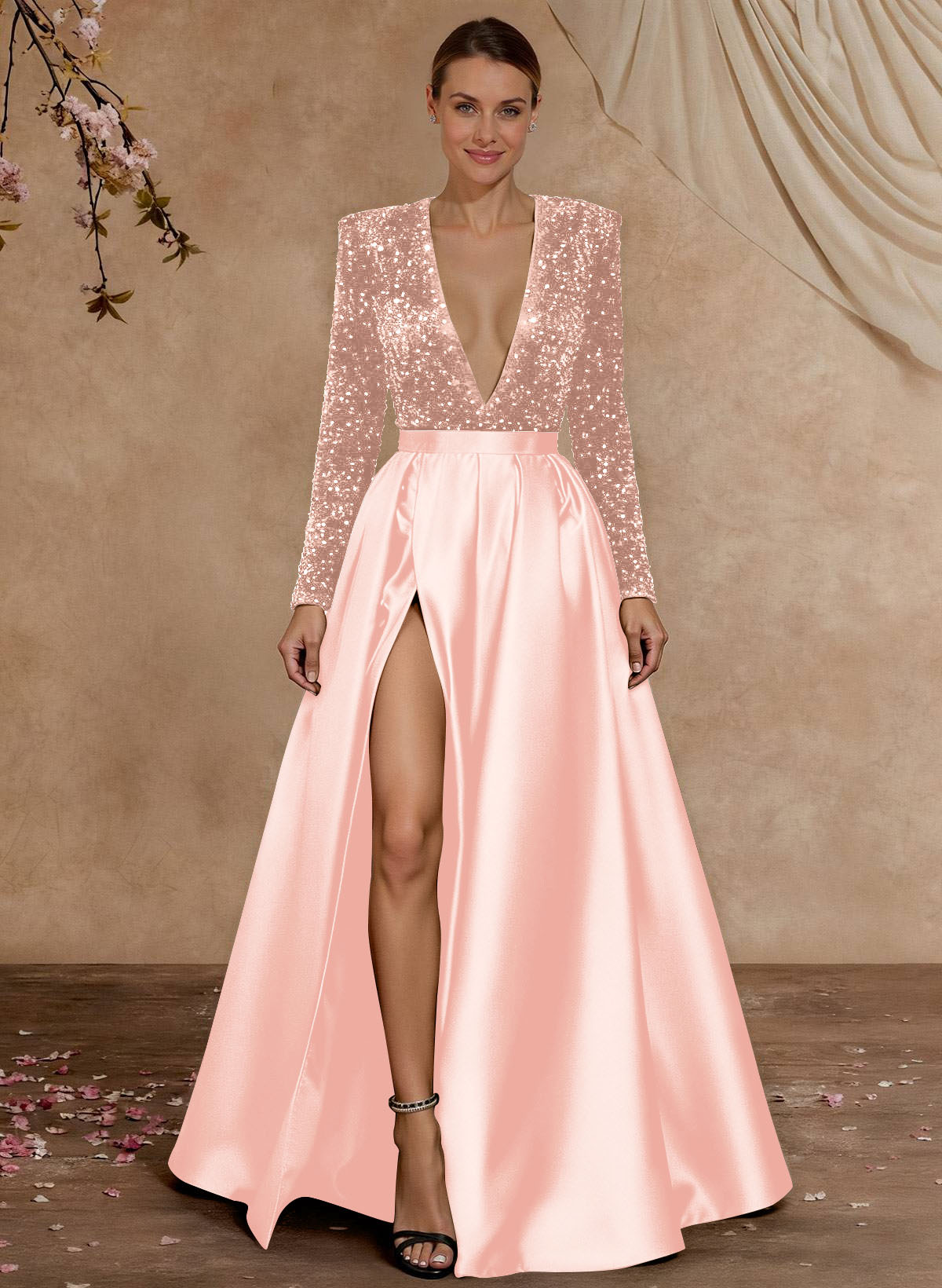 A-Line V-Neck Long Sleeves Floor-Length Satin Velvet Sequin Mother Of The Bride Dresses