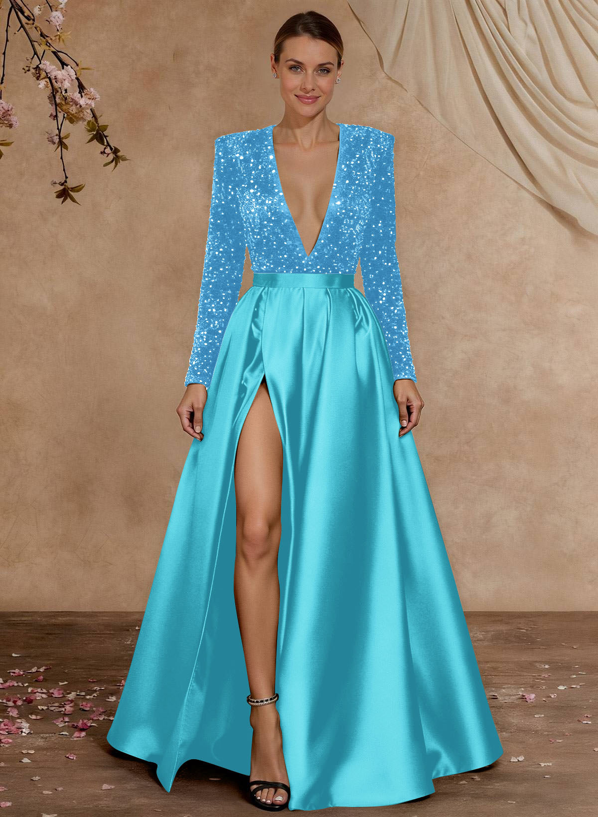 A-Line V-Neck Long Sleeves Floor-Length Satin Velvet Sequin Mother Of The Bride Dresses
