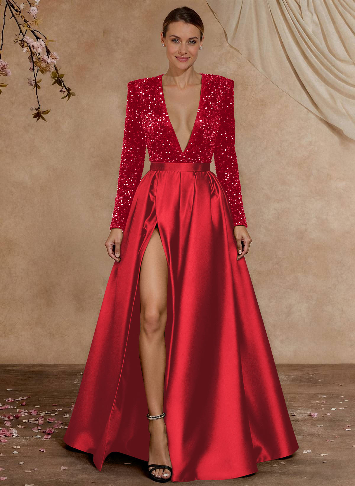 A-Line V-Neck Long Sleeves Floor-Length Satin Velvet Sequin Mother Of The Bride Dresses