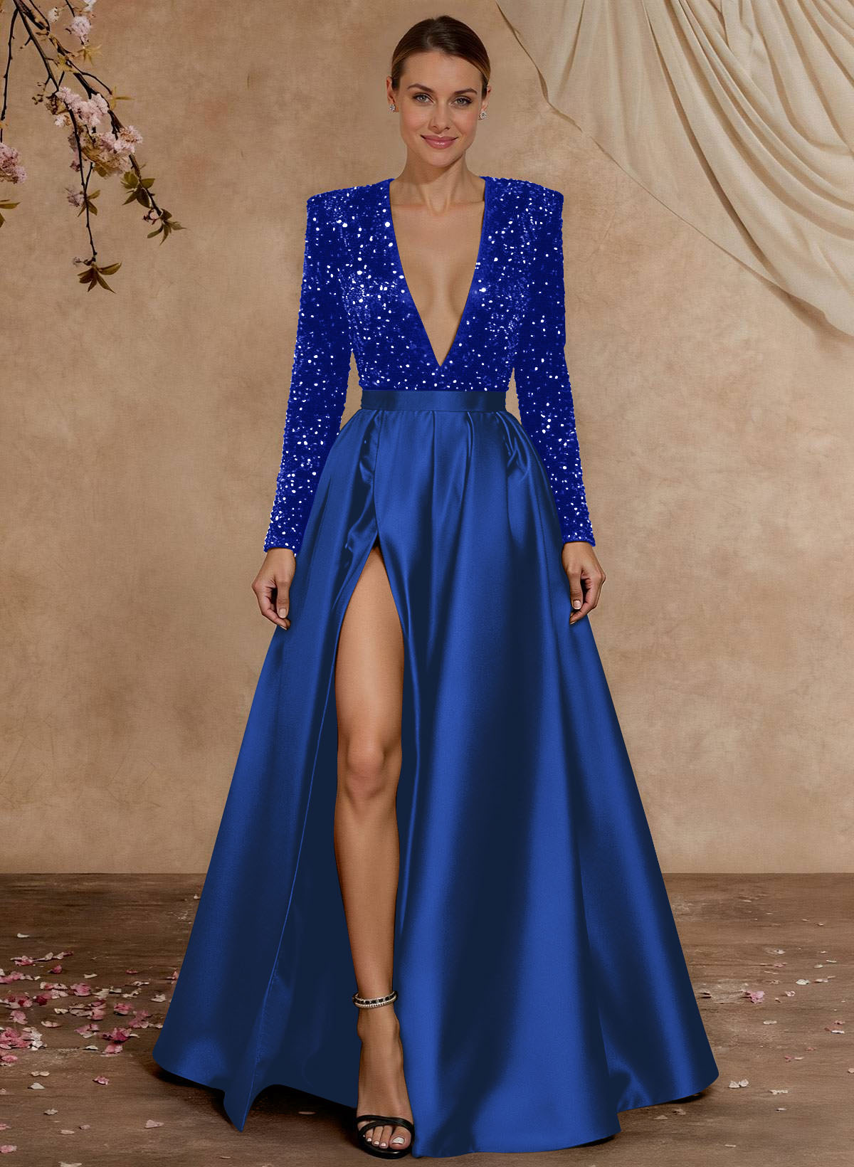 A-Line V-Neck Long Sleeves Floor-Length Satin Velvet Sequin Mother Of The Bride Dresses