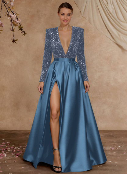 A-Line V-Neck Long Sleeves Floor-Length Satin Velvet Sequin Mother Of The Bride Dresses