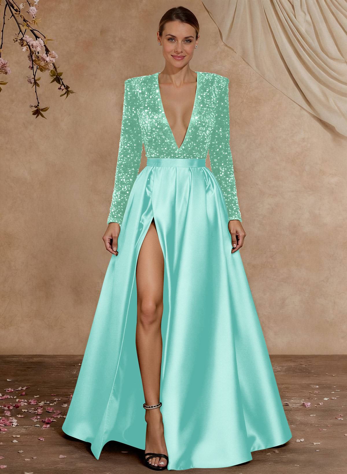 A-Line V-Neck Long Sleeves Floor-Length Satin Velvet Sequin Mother Of The Bride Dresses