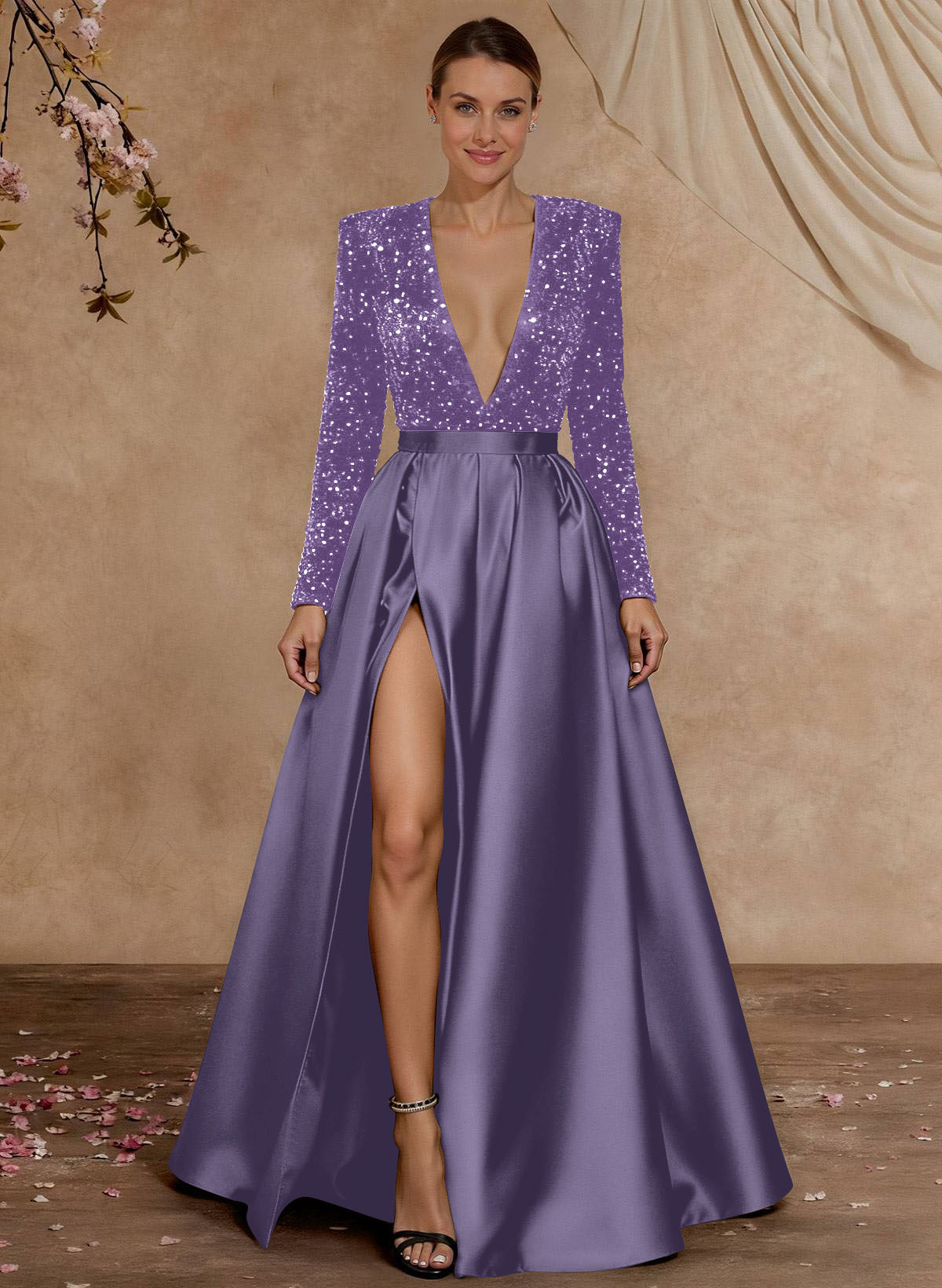 A-Line V-Neck Long Sleeves Floor-Length Satin Velvet Sequin Mother Of The Bride Dresses