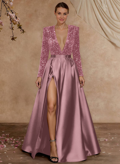 A-Line V-Neck Long Sleeves Floor-Length Satin Velvet Sequin Mother Of The Bride Dresses