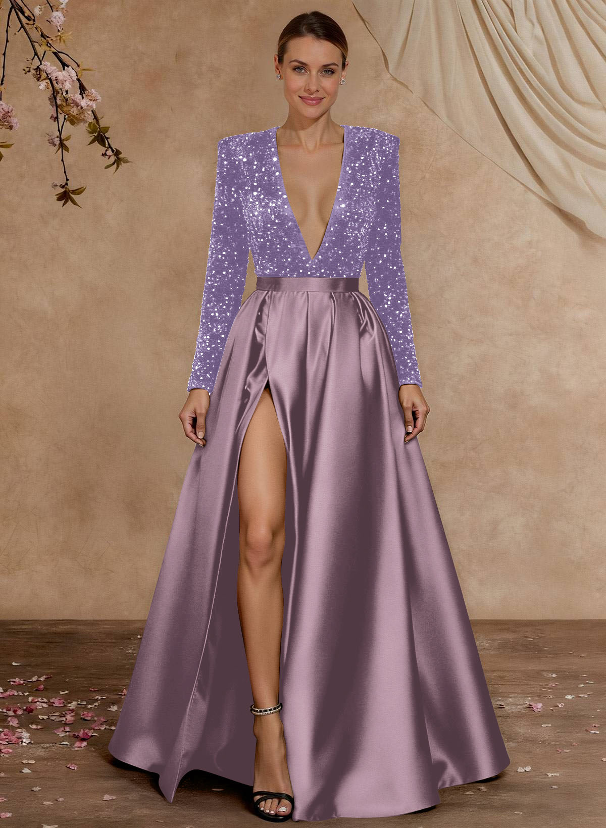 A-Line V-Neck Long Sleeves Floor-Length Satin Velvet Sequin Mother Of The Bride Dresses