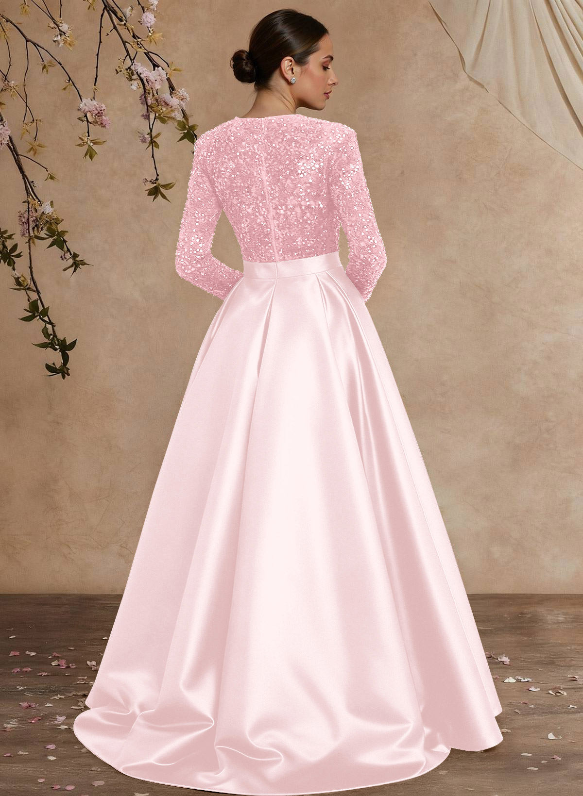 A-Line V-Neck Long Sleeves Floor-Length Satin Velvet Sequin Mother Of The Bride Dresses