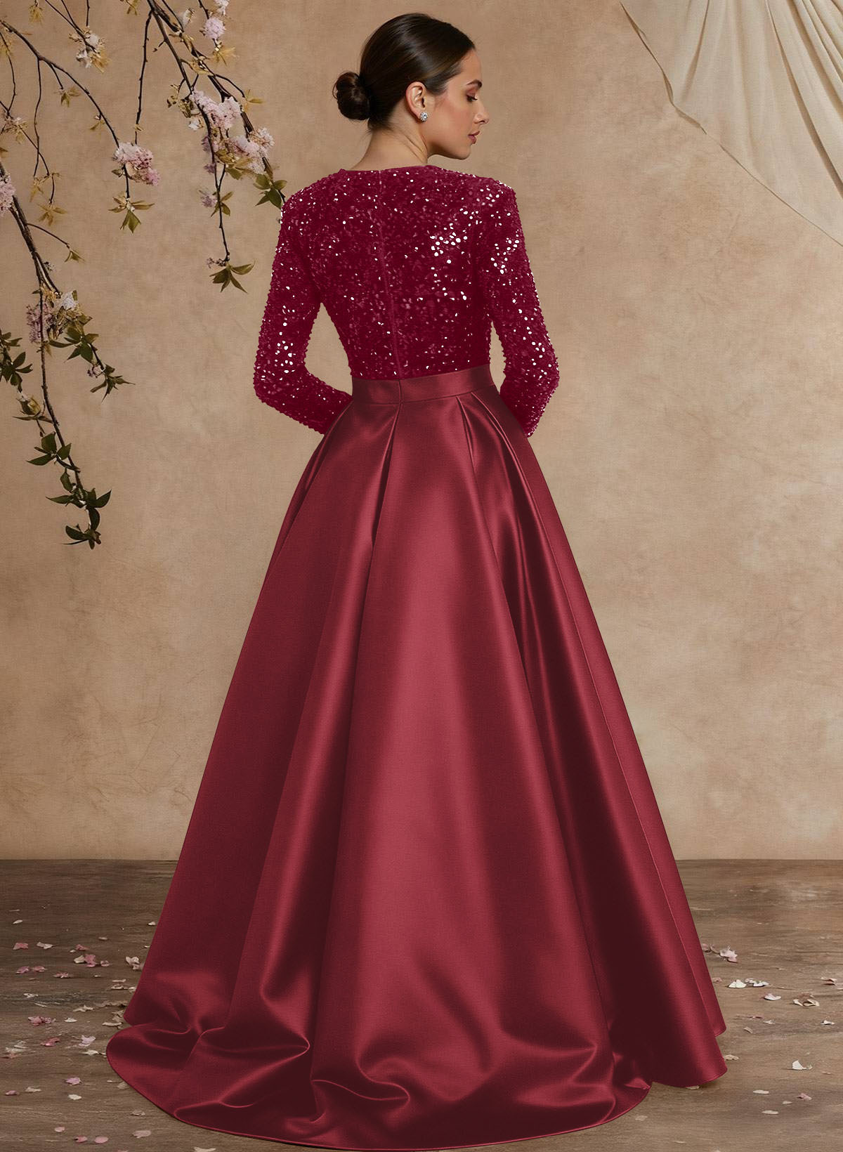A-Line V-Neck Long Sleeves Floor-Length Satin Velvet Sequin Mother Of The Bride Dresses