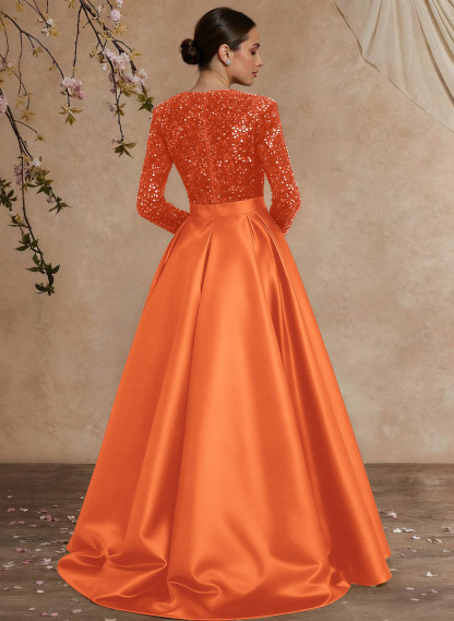A-Line V-Neck Long Sleeves Floor-Length Satin Velvet Sequin Mother Of The Bride Dresses