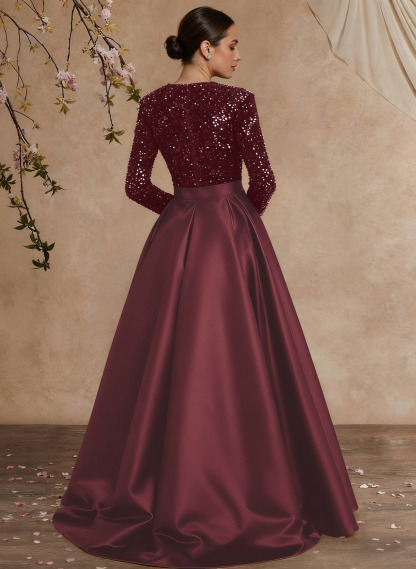 A-Line V-Neck Long Sleeves Floor-Length Satin Velvet Sequin Mother Of The Bride Dresses