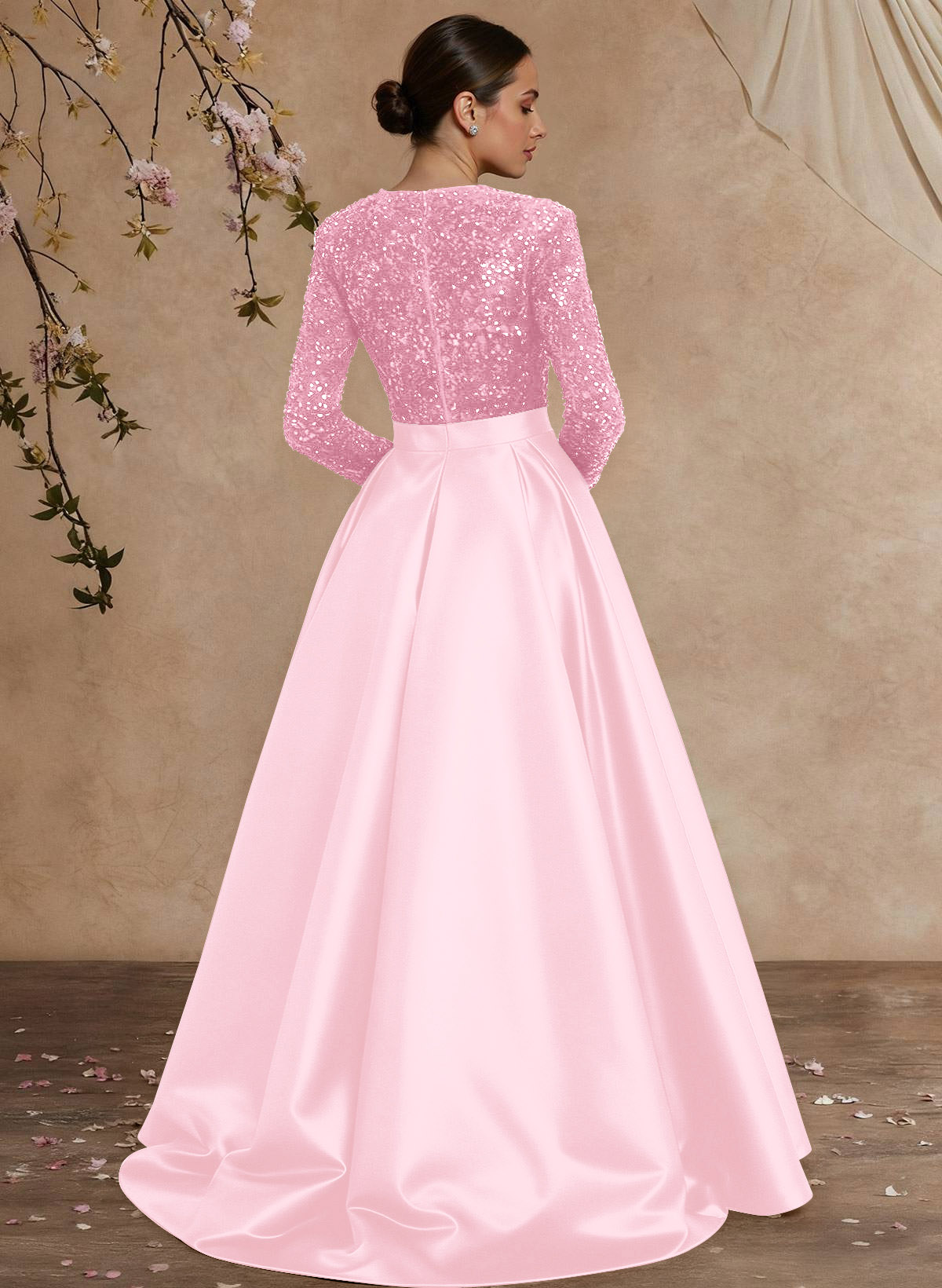 A-Line V-Neck Long Sleeves Floor-Length Satin Velvet Sequin Mother Of The Bride Dresses