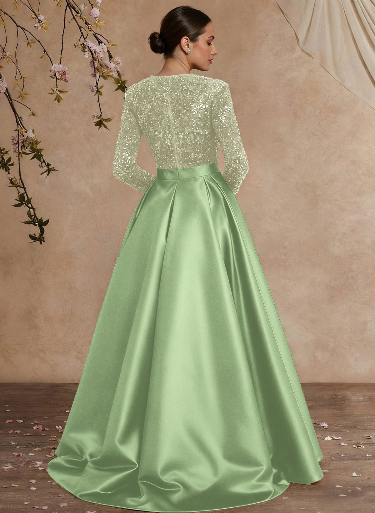 A-Line V-Neck Long Sleeves Floor-Length Satin Velvet Sequin Mother Of The Bride Dresses