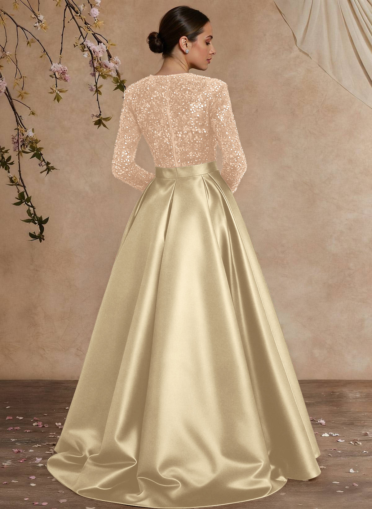 A-Line V-Neck Long Sleeves Floor-Length Satin Velvet Sequin Mother Of The Bride Dresses