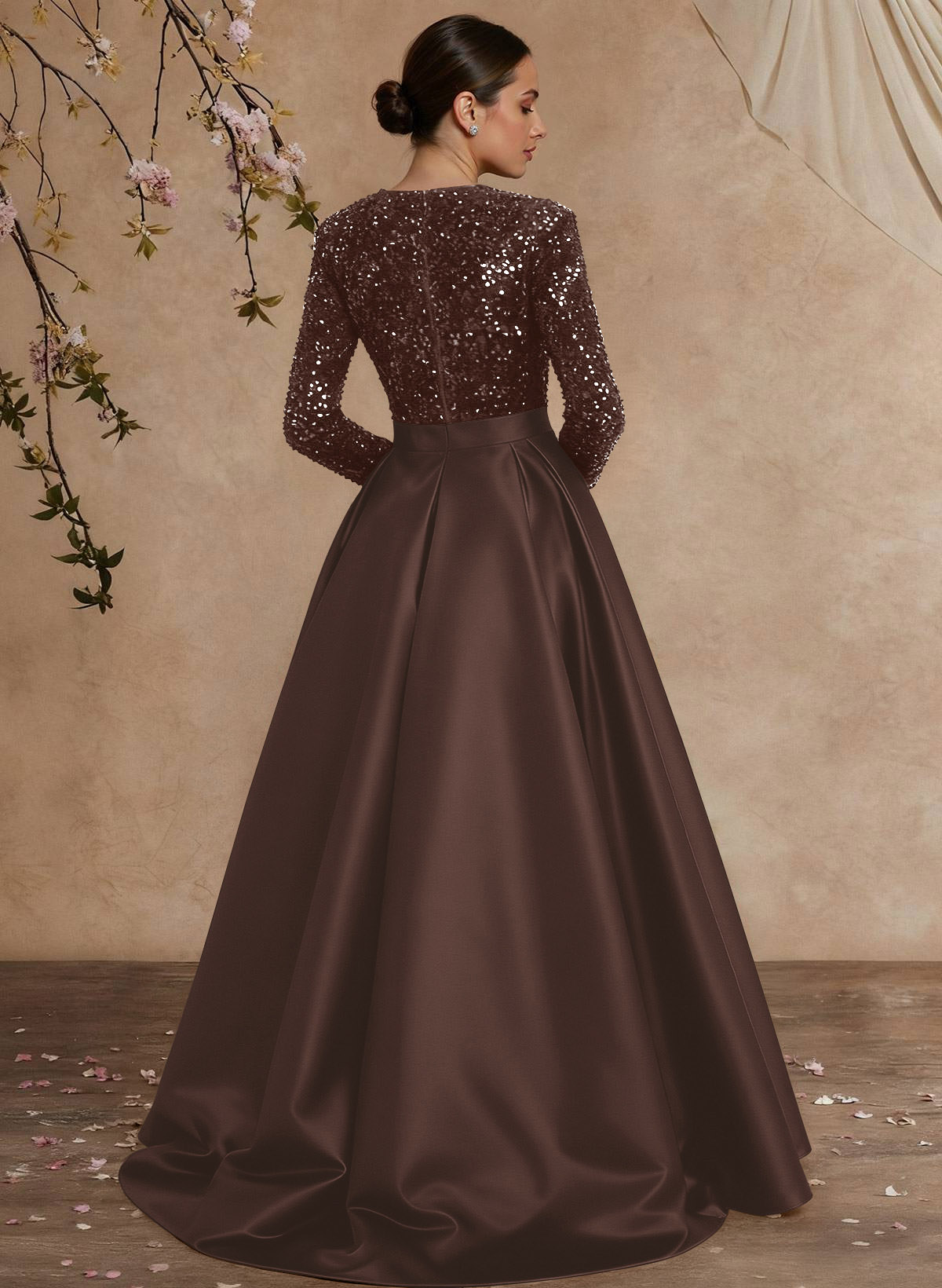 A-Line V-Neck Long Sleeves Floor-Length Satin Velvet Sequin Mother Of The Bride Dresses