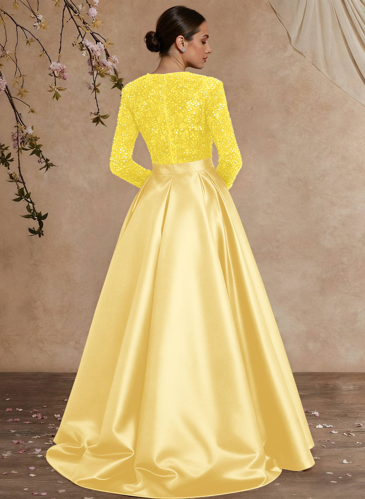 A-Line V-Neck Long Sleeves Floor-Length Satin Velvet Sequin Mother Of The Bride Dresses