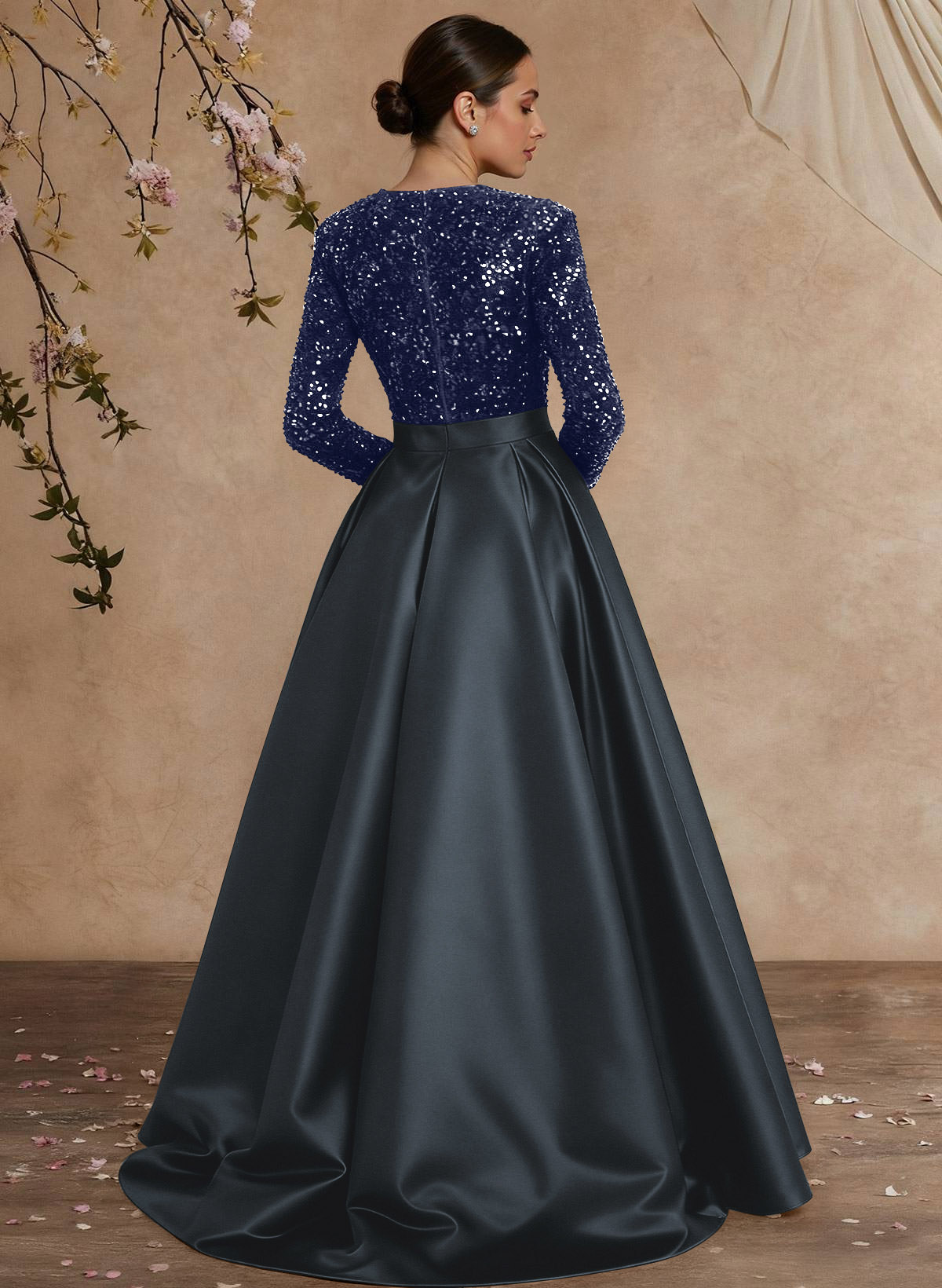A-Line V-Neck Long Sleeves Floor-Length Satin Velvet Sequin Mother Of The Bride Dresses