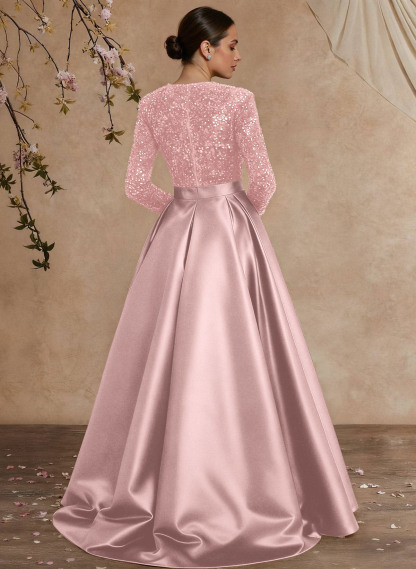 A-Line V-Neck Long Sleeves Floor-Length Satin Velvet Sequin Mother Of The Bride Dresses