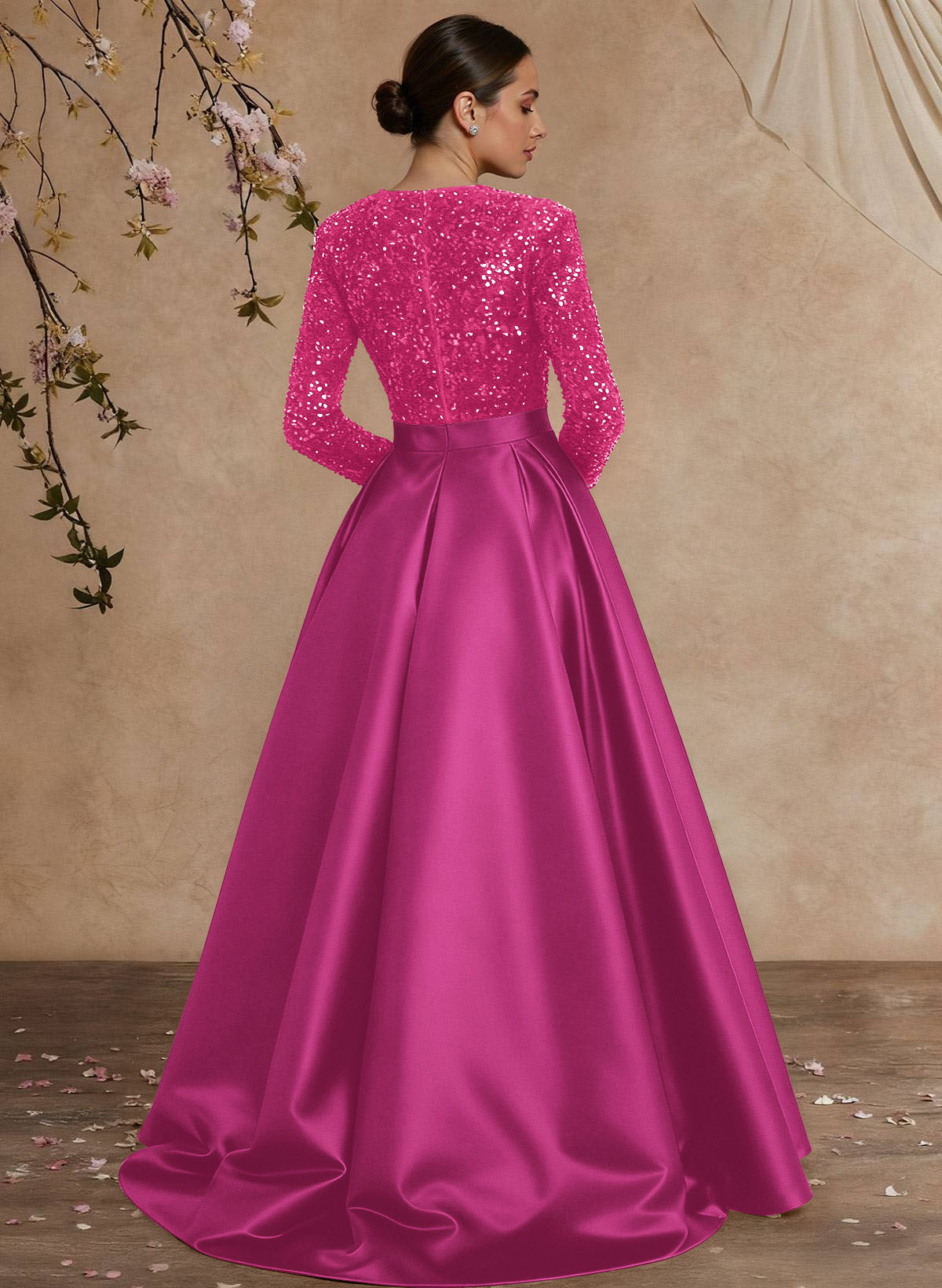 A-Line V-Neck Long Sleeves Floor-Length Satin Velvet Sequin Mother Of The Bride Dresses