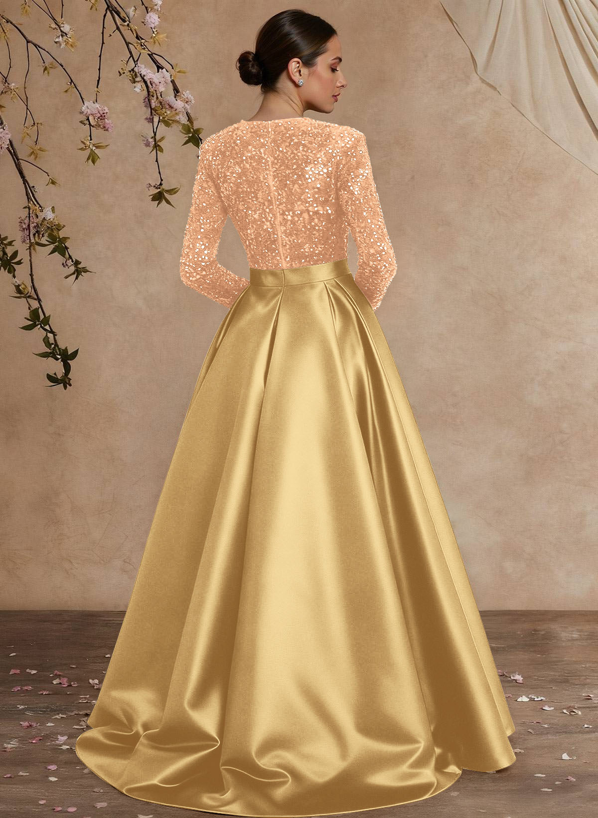 A-Line V-Neck Long Sleeves Floor-Length Satin Velvet Sequin Mother Of The Bride Dresses
