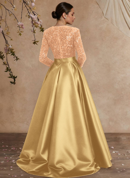 A-Line V-Neck Long Sleeves Floor-Length Satin Velvet Sequin Mother Of The Bride Dresses