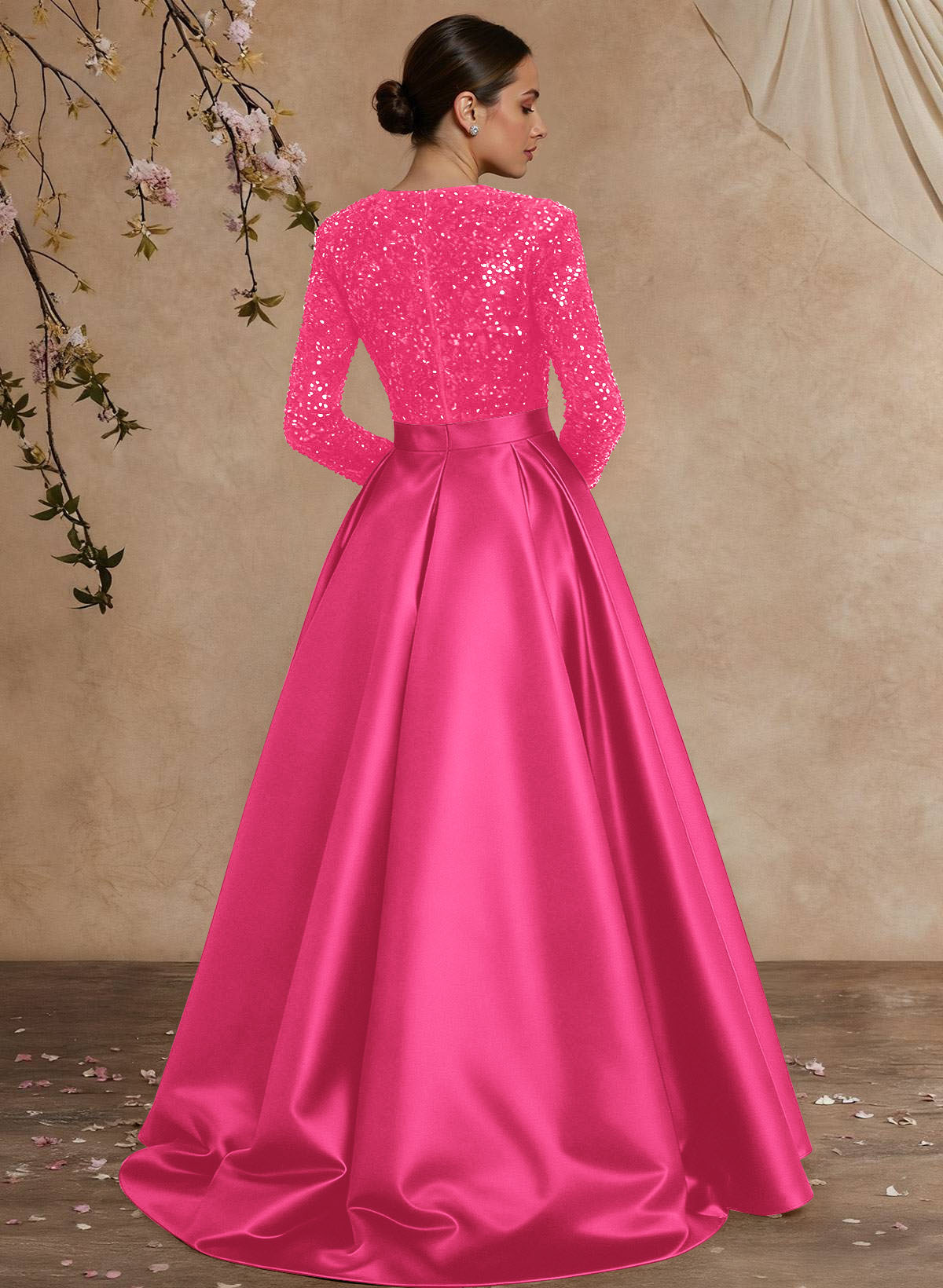 A-Line V-Neck Long Sleeves Floor-Length Satin Velvet Sequin Mother Of The Bride Dresses
