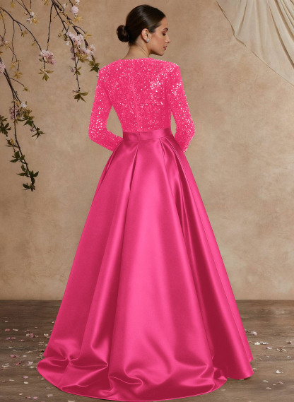 A-Line V-Neck Long Sleeves Floor-Length Satin Velvet Sequin Mother Of The Bride Dresses