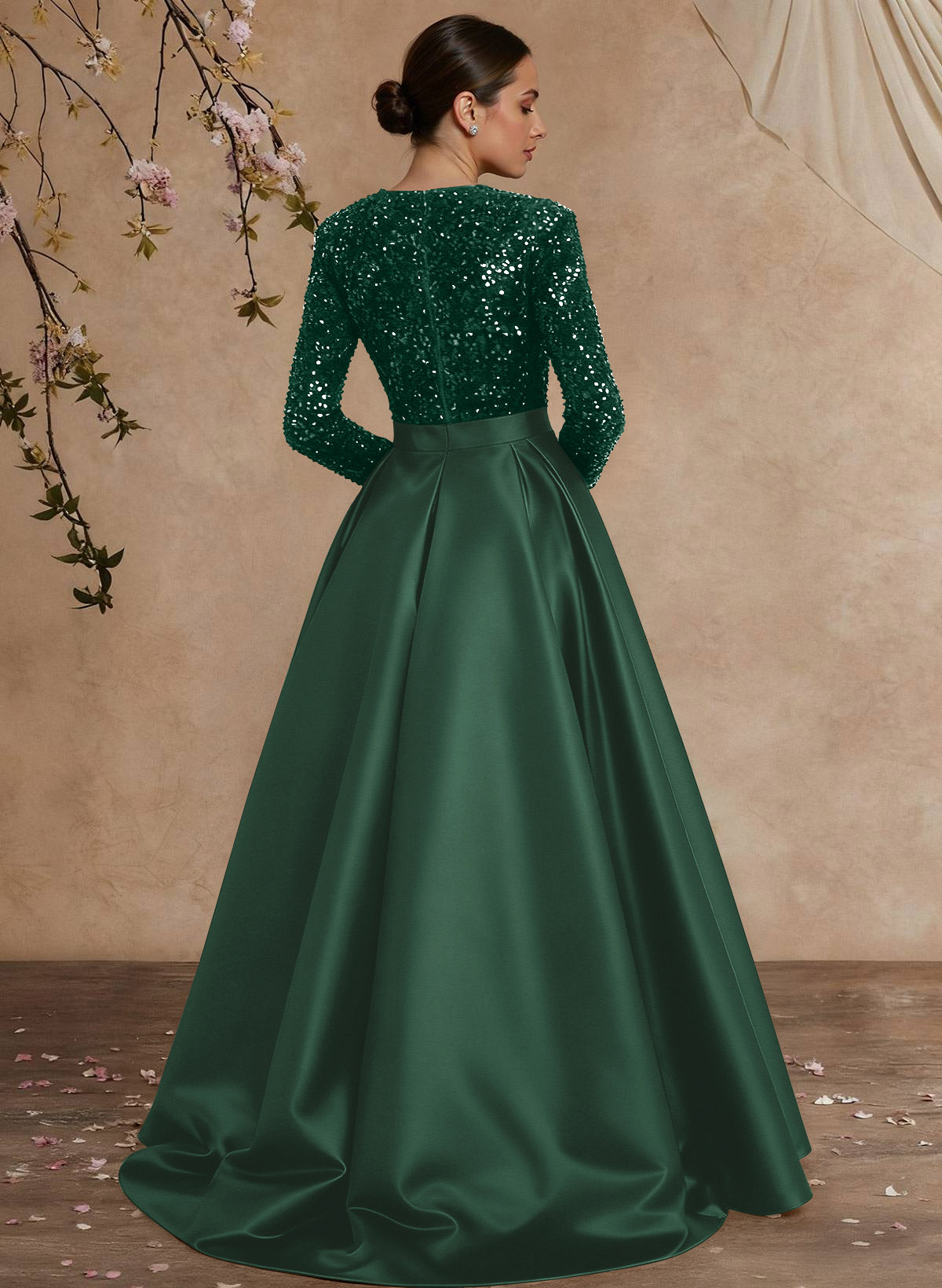 A-Line V-Neck Long Sleeves Floor-Length Satin Velvet Sequin Mother Of The Bride Dresses