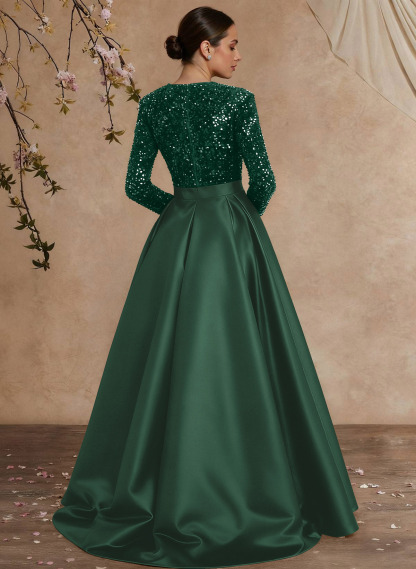 A-Line V-Neck Long Sleeves Floor-Length Satin Velvet Sequin Mother Of The Bride Dresses