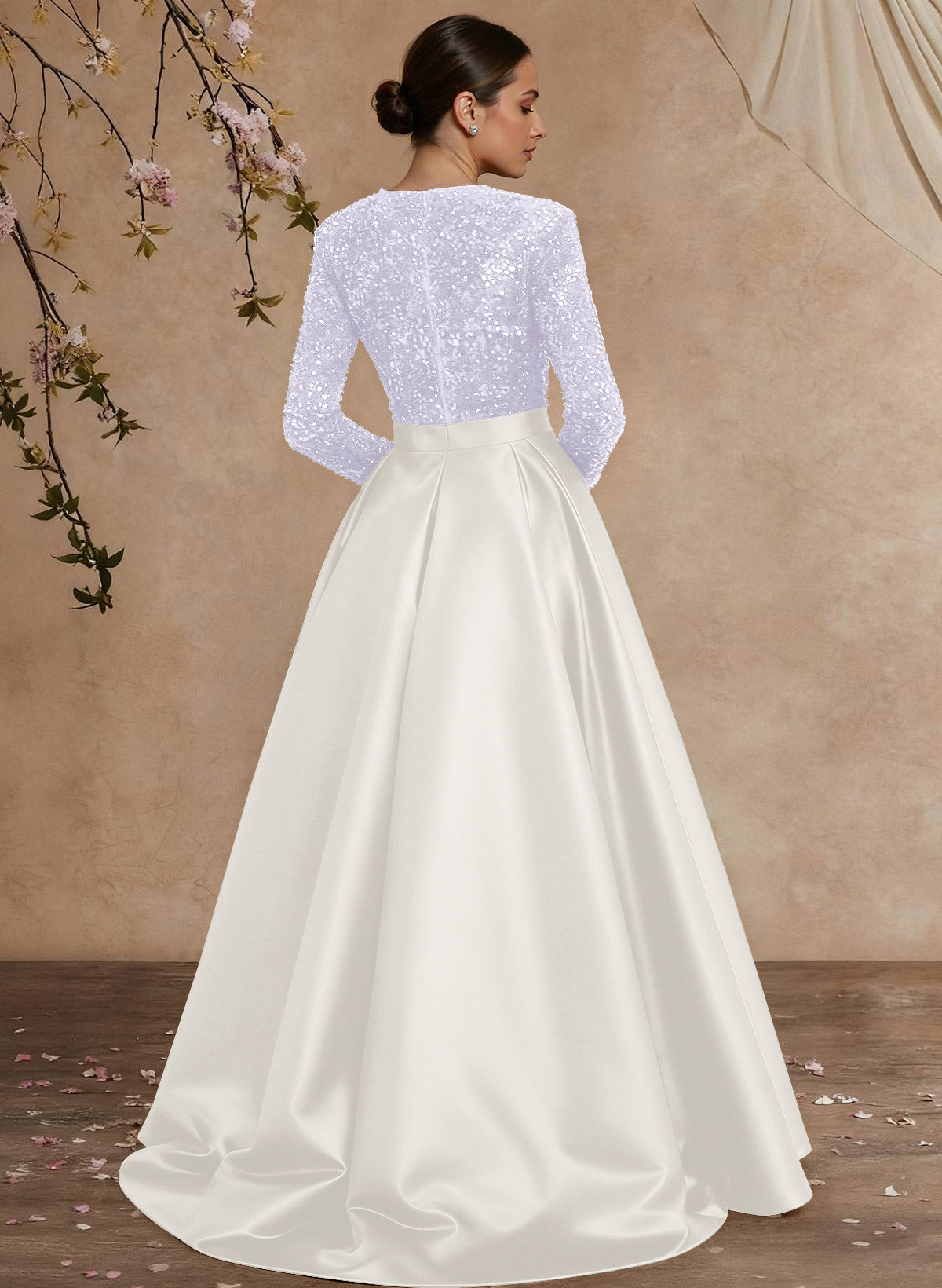 A-Line V-Neck Long Sleeves Floor-Length Satin Velvet Sequin Mother Of The Bride Dresses