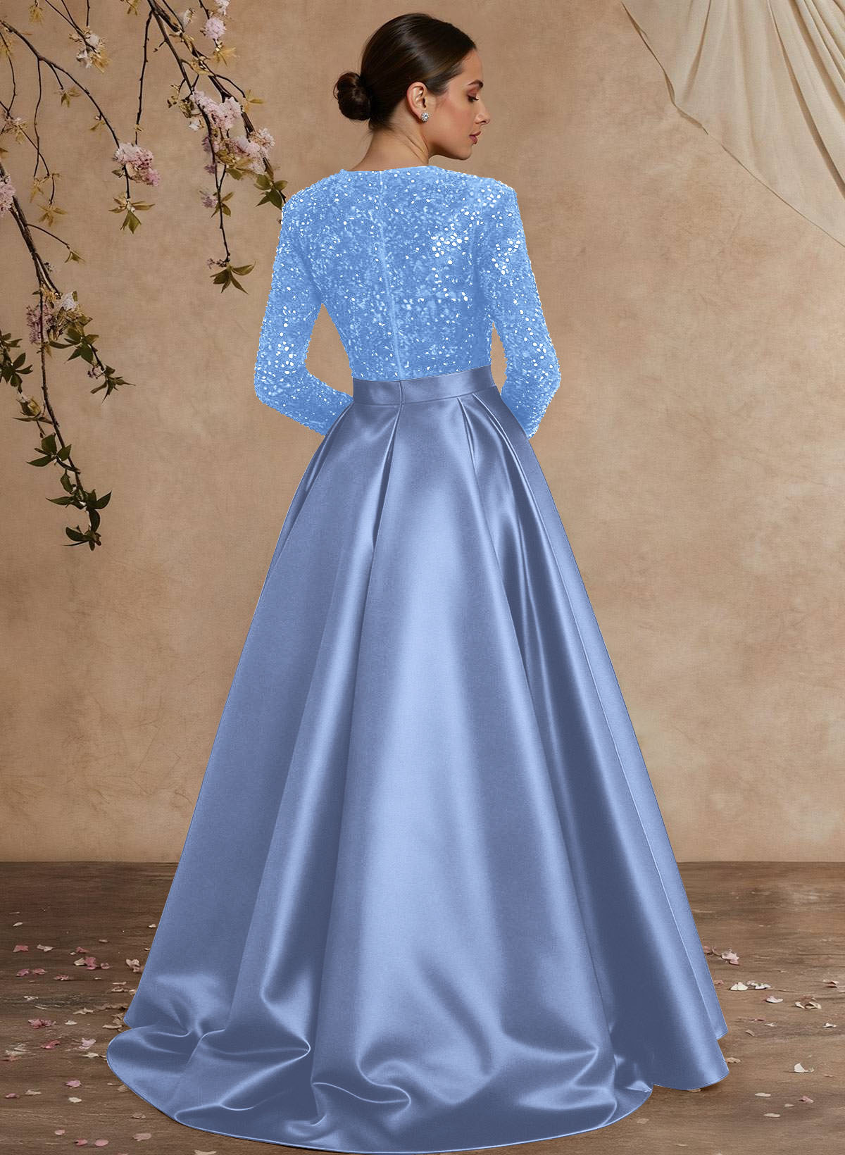 A-Line V-Neck Long Sleeves Floor-Length Satin Velvet Sequin Mother Of The Bride Dresses
