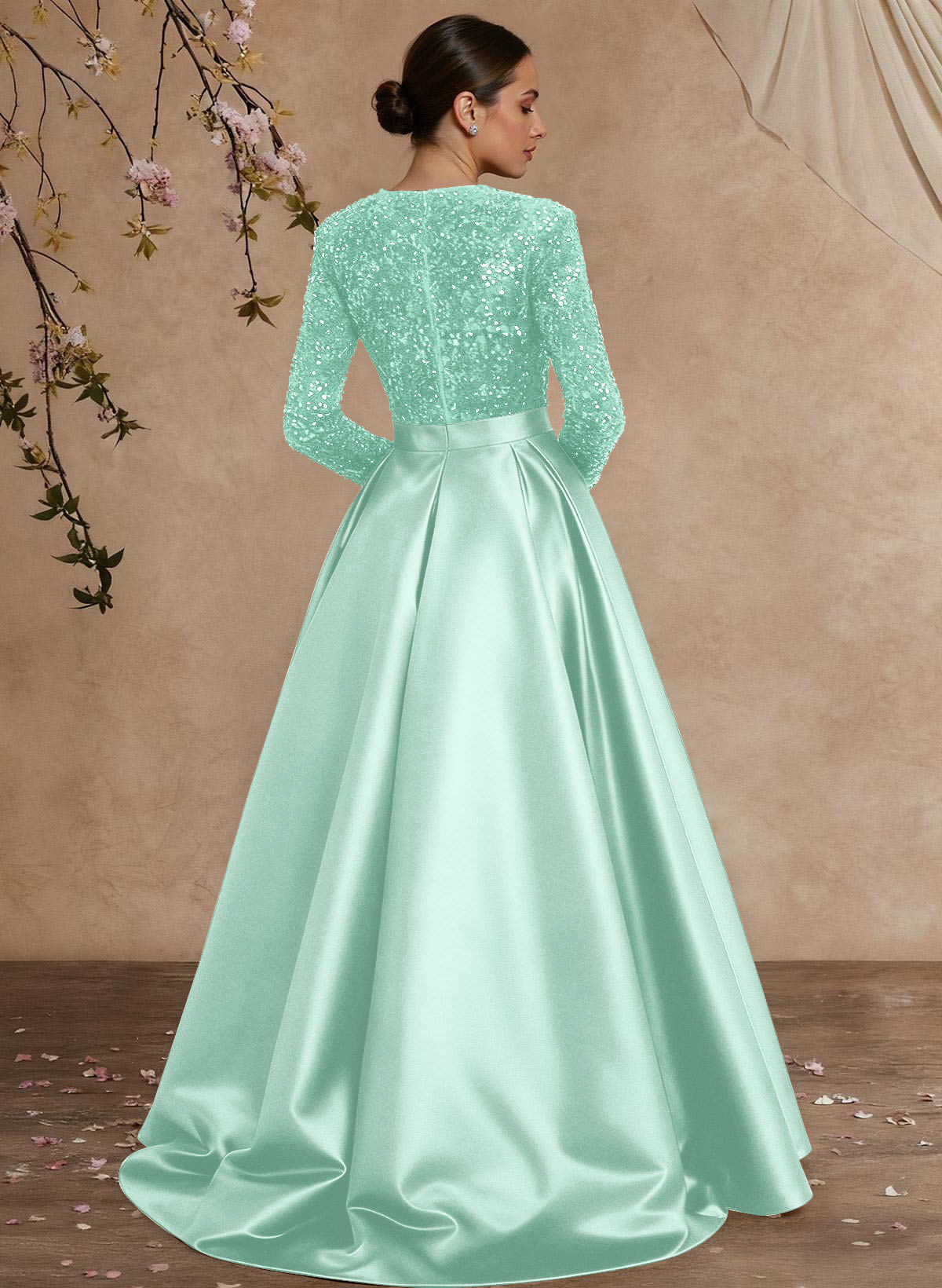 A-Line V-Neck Long Sleeves Floor-Length Satin Velvet Sequin Mother Of The Bride Dresses