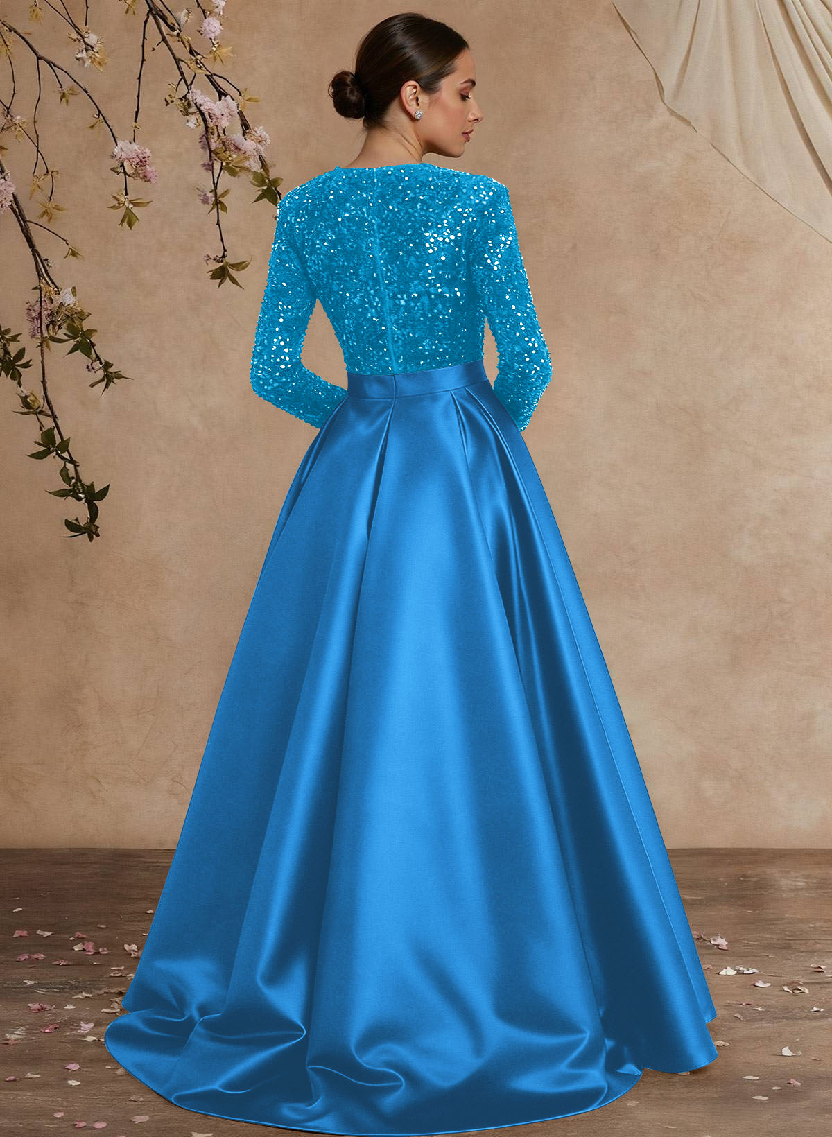 A-Line V-Neck Long Sleeves Floor-Length Satin Velvet Sequin Mother Of The Bride Dresses