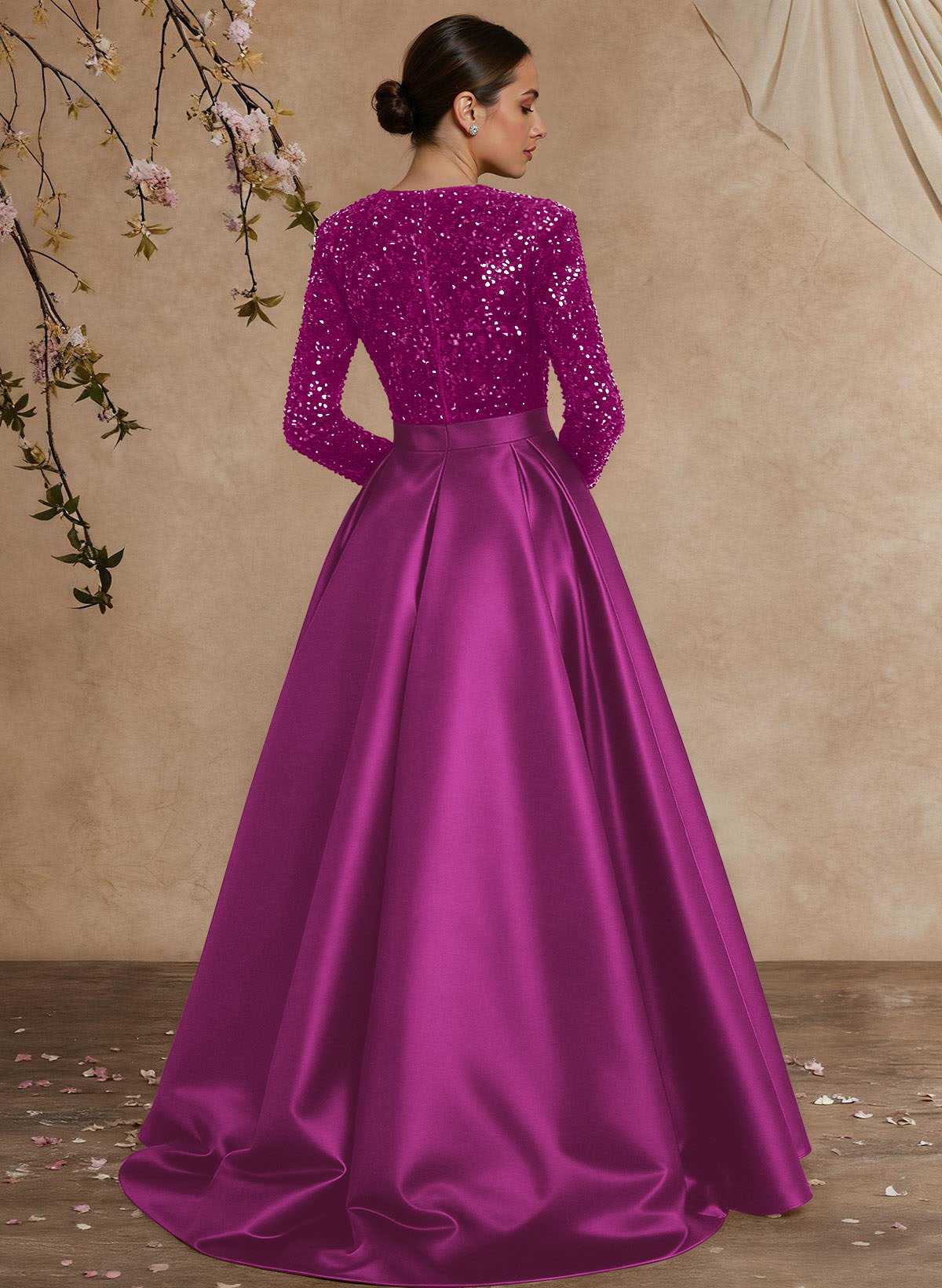 A-Line V-Neck Long Sleeves Floor-Length Satin Velvet Sequin Mother Of The Bride Dresses